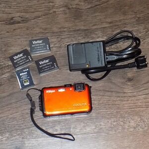 Nikon Coolpix AW100 Digital Camera Orange Waterproof GPS Bundle 4 Batteries